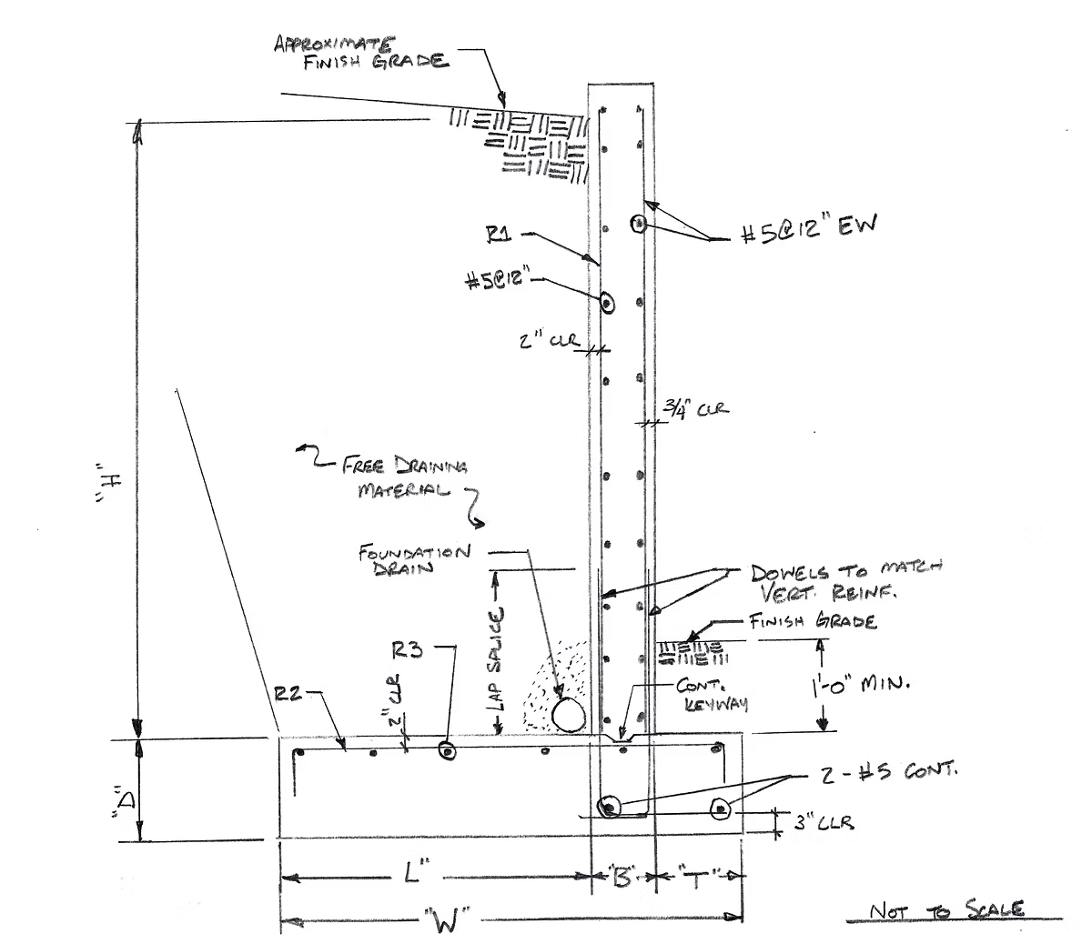 Hand-drawn structural engineering retaining wall and foundation detail